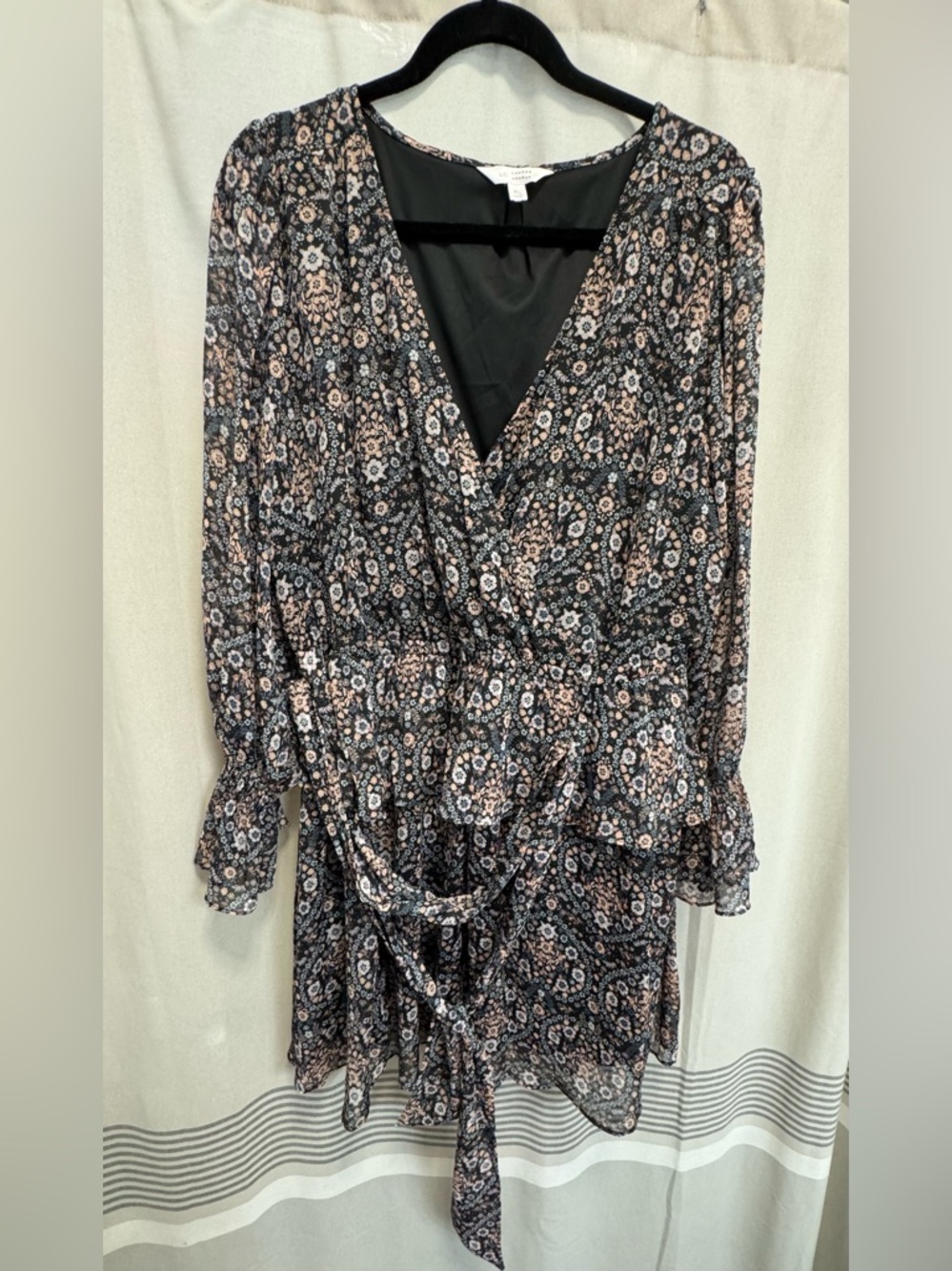 LC Lauren Conrad Black Floral Wrap Long-Sleeve Dress with Blush Accents
